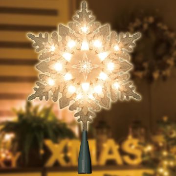 LAMPHOME 10" 20L Lighted Frosted White Stacked Snowflake Tree Topper, Warm White