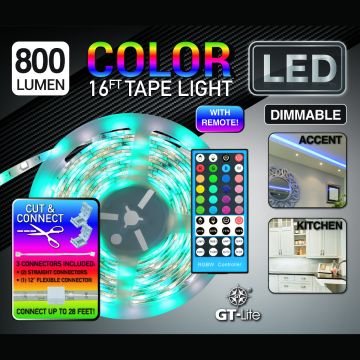 GT-Lite 16ft LED RGB Color Tape Light, Cut & Connect, 12" Whip