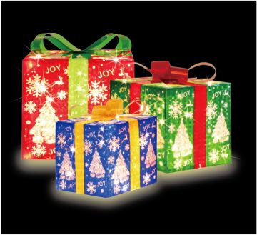 LAMPHOME Set of 3 Lighted Gift Boxes Christmas Box Decorations, Red Green and Blue Lit Present Boxes 