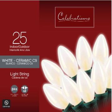 Celebrations Incandescent, C9 Smooth White Ceramic Steady Green Cord, 25L/24FT