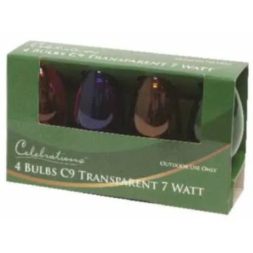 Celebrations Incandescent, C9 Smooth Multi Transparent Bulbs, 4 pack