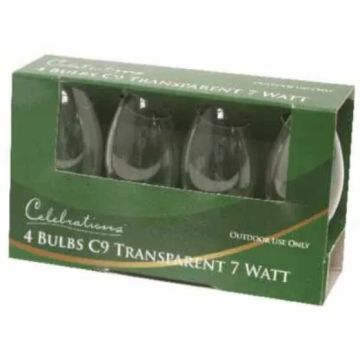 Celebrations Incandescent, C9 Smooth Clear Bulbs, 4 pack