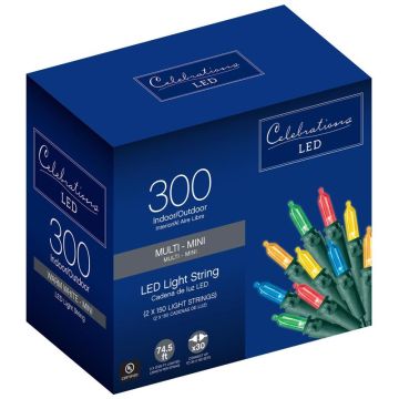 Celebrations LED, T5 Traditional Mini Multi Steady Green Cord, 300L/75FT