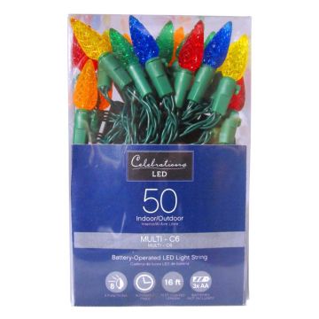 Celebrations LED, C6 Faceted Multi Battery Operated Green Cord , 50L/16FT