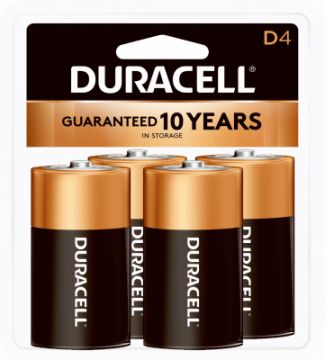 DURACELL, Alkaline Batteries, D, 4-Pk.   