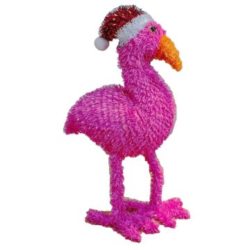 Christmas Tinsel Table Top Pink Flamingo with Santa Hat