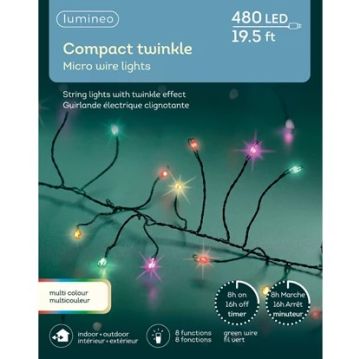 Lumineo 480L Micro LED Compact Lights, 8 Function Twinkle effect, Green Wire, Multi Color