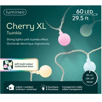 Lumineo LED Cherry XL Bulb Lights, 8 Function Twinkle Effect, Transparent & Soft Multi Color, 60 Lights