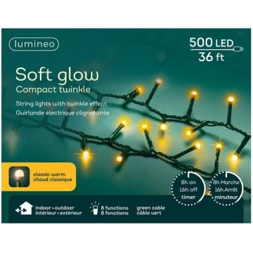 Lumineo LED Soft Glow Compact Lights, 8 Function Twinkle Effect, Green & Classic Warm White, 500 Lights