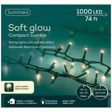 Lumineo Soft Glow Compact Lights, 8 Function Twinkle Effect, Green & Warm White, 1000 Lights