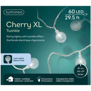 Lumineo LED Cherry XL Bulb Lights, 8 Function Twinkle Effect, Transparent & Soft Cool White, 60 Lights