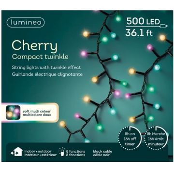 Lumineo LED Cherry Bulb Lights, Steady, Black Wire, Soft Multi Color, 500 Lights