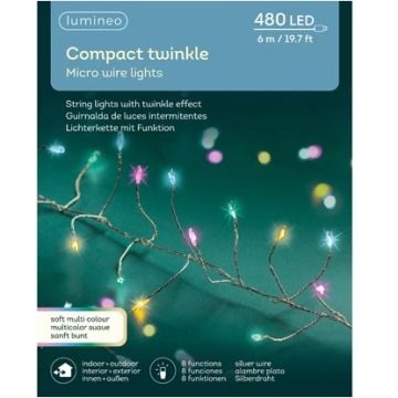 Lumineo 480L Micro LED Compact Lights, 8 Function Twinkle Effect, Silver Wire, Soft Multi