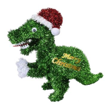 Green Tinsel Dinosaur with Santa Hat