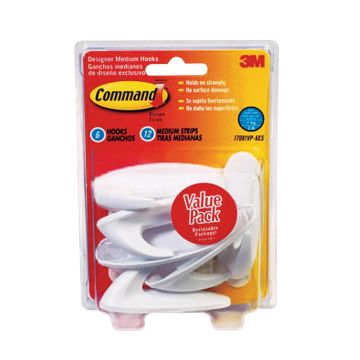 3M Command, Medium Plastic Designer Hook, 6 Hooks