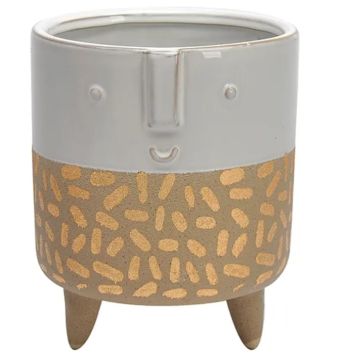 Border Concepts, Modernist Face Tall Planter, Cream & Gold, 4.75"