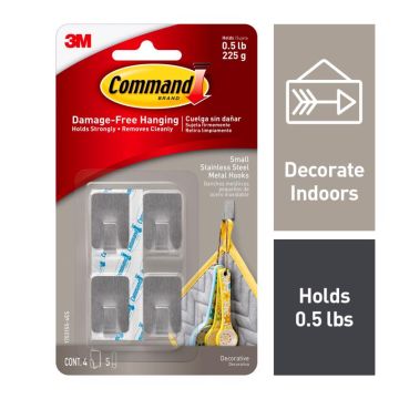 3M Command, Stainless Steel Metal Hooks, 4 Hooks