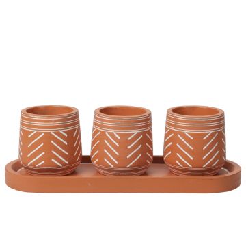 Koopman, Carved Cement Pots with Tray, Terracotta & White