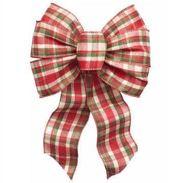 Holiday Trims 7 Loop Red, Green, Tan Plaid Wired Bow, 14" 