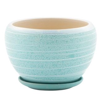 Napco, Teal Blue Striped Pot with Saucer, 5.75"