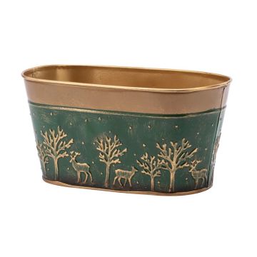 Napco Double Bloomer Distressed Gold and Green Embossed Forest Pot Cover, 4.5" H, 4" W