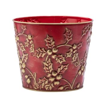 Napco Embossed Holly Berry Distressed Red and Gold Pot Covers