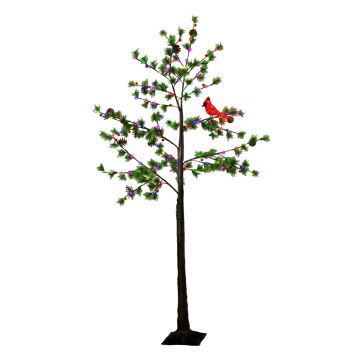 Glenhaven Home & Holiday LED Lighted 6' Austrian Pine Tree with PE Berries, Pinecone and Red Cardinal