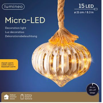 Lumineo Micro LED Onion Battery Operated, Classic Warm White, 15 Lights