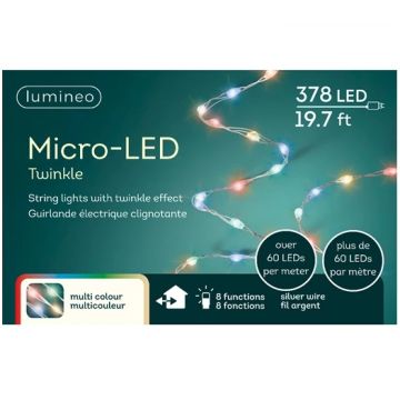 Lumineo 378L Micro LED Extra Dense Lights, 8 Function Twinkle Effect, Silver Wire, Multi Color