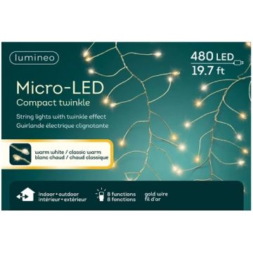 Lumineo 480L Micro LED Compact Lights, 8 Function Twinkle Effect, Gold Wire, Warm White/Classic White