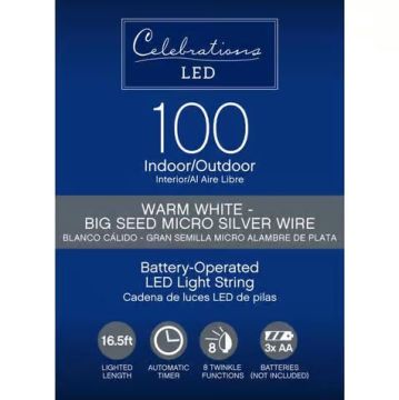 Celebrations LED, Big Seed Warm White Battery Operated Silver Wire, 100L/16.5FT