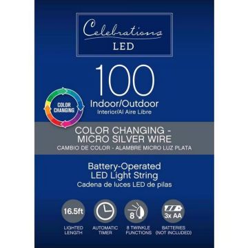 Celebrations LED, Big Seed Color Changing Battery Operated Silver Wire, 100L/16.5FT